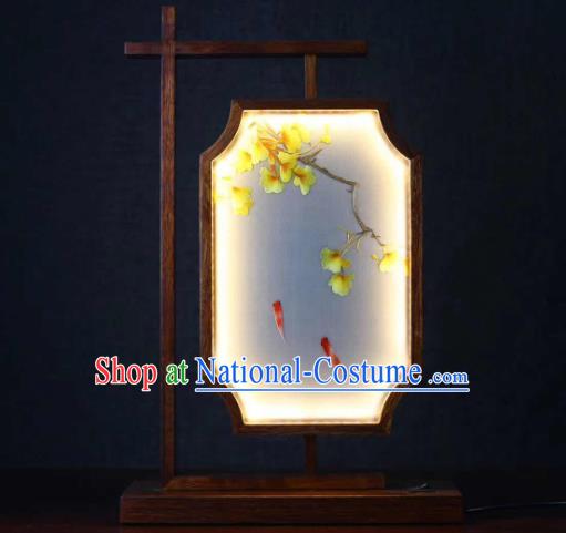 Chinese Handmade LED Lantern Embroidered Ginkgo Leaf Table Screen Suzhou Embroidery Desk Lamp