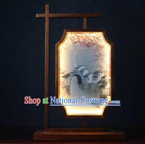 Chinese Embroidered Watertown Table Screen Suzhou Embroidery Desk Lamp Handmade LED Lantern Craft