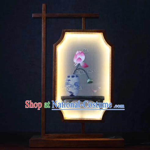 Chinese Embroidered Lotus Table Screen Suzhou Embroidery Craft Desk Lamp Handmade LED Lantern