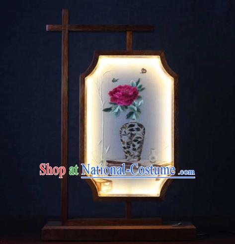 Chinese Handmade LED Lantern Embroidered Red Peony Table Screen Suzhou Embroidery Craft Desk Lamp