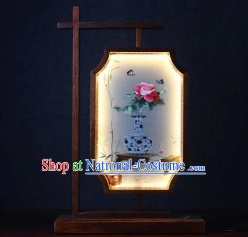 Chinese Handmade Desk Lamp LED Lantern Embroidered Peony Butterfly Table Screen Suzhou Embroidery Craft