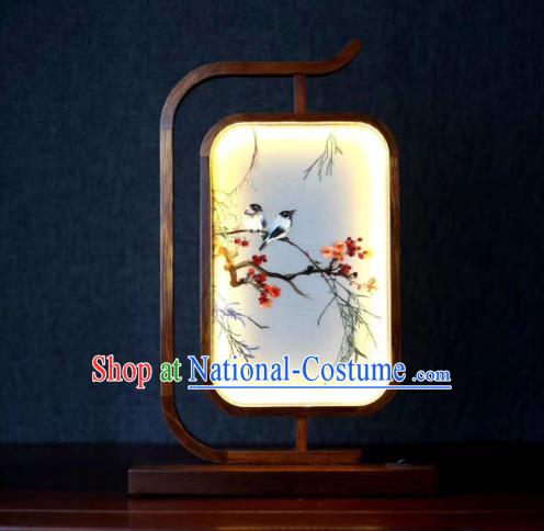 Chinese Embroidered Plum Bird Table Screen Suzhou Embroidery Craft Handmade Desk Lamp LED Lantern