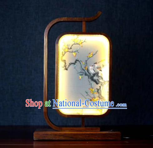 Chinese LED Lantern Embroidered Birds Table Screen Suzhou Embroidery Craft Handmade Desk Lamp