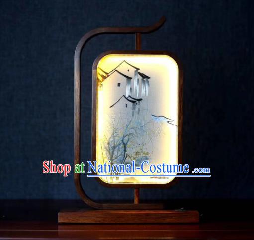 Chinese Handmade LED Lantern Embroidered Village Scene Table Screen Suzhou Embroidery Craft Desk Lamp