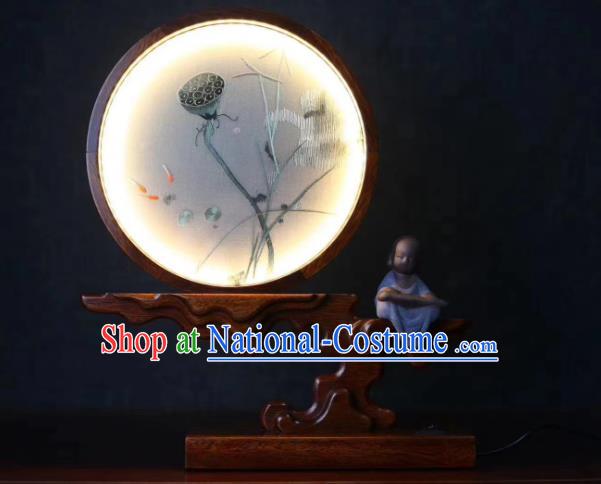 Chinese Desk Lamp Handmade LED Lantern Embroidered Lotus Table Screen Suzhou Embroidery Craft