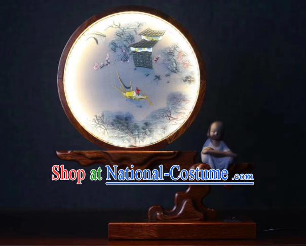 Chinese Suzhou Embroidery Craft Desk Lantern Handmade LED Lamp Embroidered Boat Table Screen