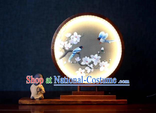 Chinese Embroidered Mangnolia Table Screen Suzhou Double Side Embroidery Craft Desk Lantern Handmade LED Lamp