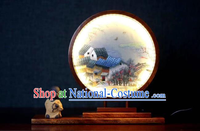 Chinese Suzhou Double Side Embroidery Craft Desk Lantern Handmade LED Lamp Embroidered Village Scene Table Screen