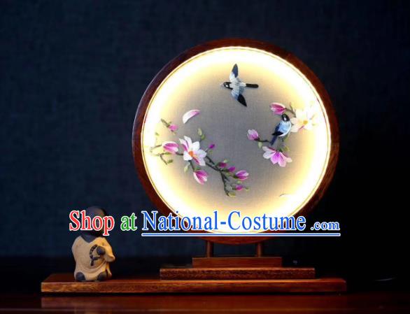 Chinese Handmade LED Lamp Embroidered Mangnolia Table Screen Suzhou Double Side Embroidery Craft Desk Lantern