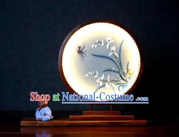 Chinese Double Side Embroidery Craft Desk Lantern Handmade LED Lamp Suzhou Embroidered Orchids Table Screen