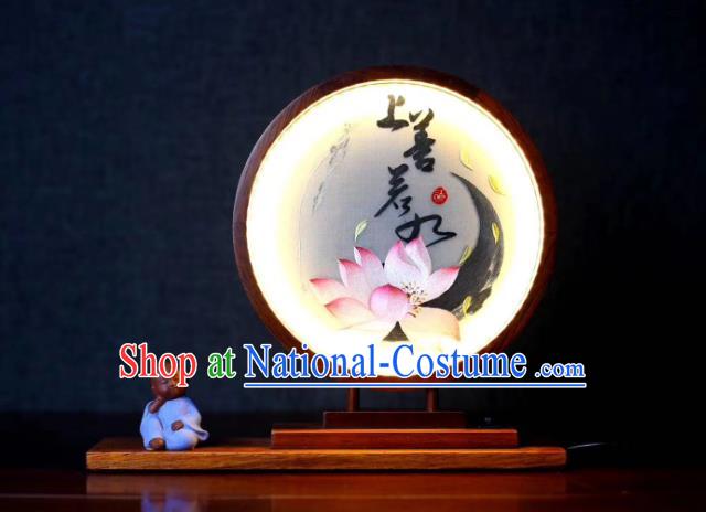 Chinese Suzhou Embroidered Lotus Table Screen Double Side Embroidery Craft Desk Lantern Handmade LED Lamp