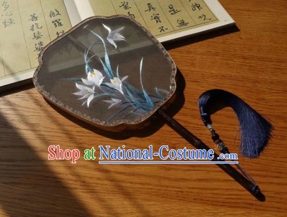 China Classical Dance Fans Traditional Hanfu Fan Embroidered Orchids Palace Fan Handmade Double Side Black Silk Fan