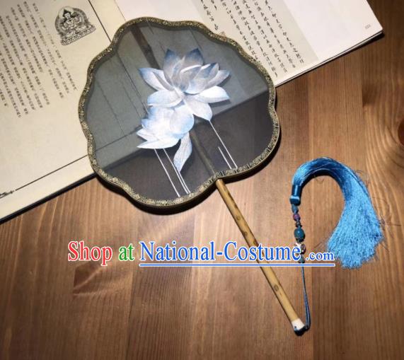 China Handmade Song Dynasty Court Fans Traditional Hanfu Black Silk Fan Classical Palace Fan Embroidered Lotus Double Side Fan