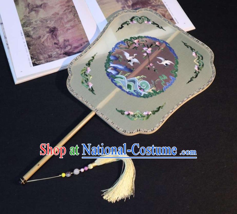 China Embroidered Cranes Palace Fan Handmade Double Side Beige Silk Fan Classical Dance Fans Traditional Ming Dynasty Hanfu Fan