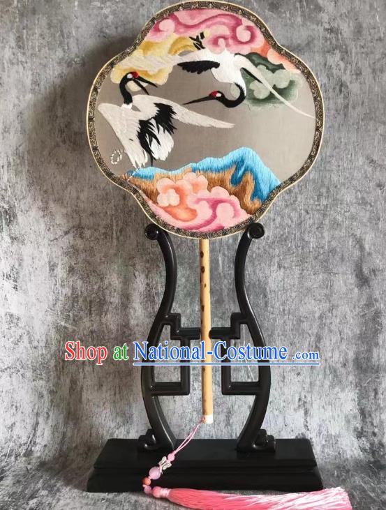 China Embroidered Crane Palace Fan Handmade Double Side Silk Fan Classical Dance Fans Traditional Hanfu Fan