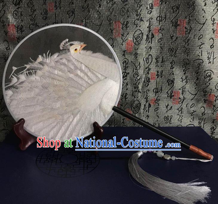 China Suzhou Embroidered White Peacock Palace Fan Handmade Double Side Fan Classical Dance Circular Fans Traditional Hanfu Silk Fan