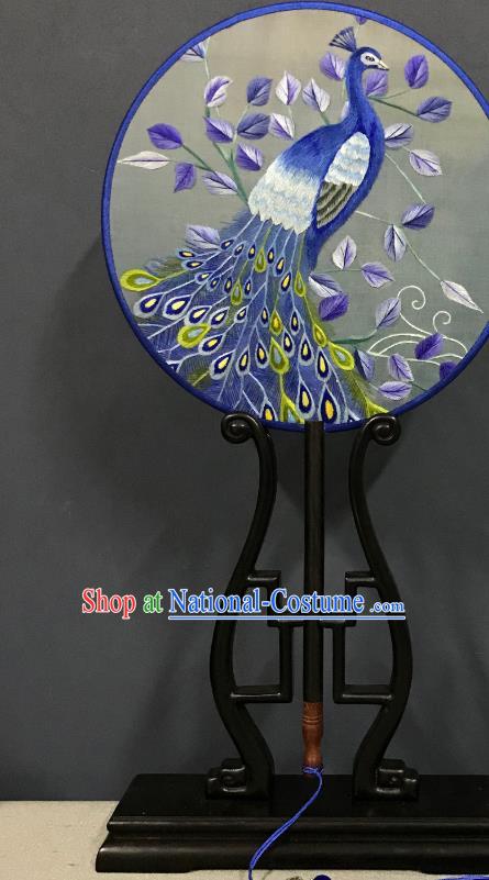 China Handmade Double Side Fan Classical Dance Circular Fans Traditional Hanfu Silk Fan Suzhou Embroidered Blue Peacock Palace Fan