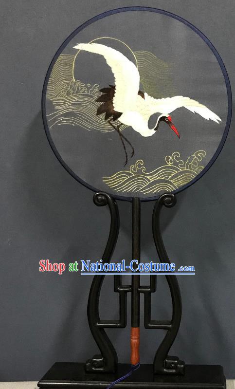 China Traditional Hanfu Grey Silk Fan Suzhou Embroidered Crane Palace Fan Handmade Double Side Fan Classical Dance Circular Fans