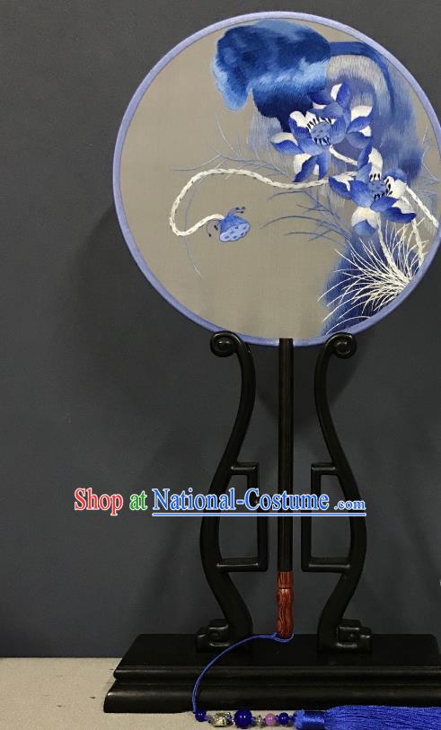 China Classical Dance Circular Fans Traditional Hanfu Silk Fan Suzhou Embroidered Blue Lotus Palace Fan Handmade Double Side Fan