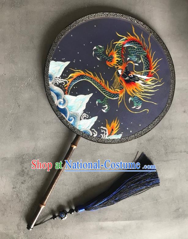 China Suzhou Embroidered Dragon Fan Handmade Double Side Palace Fan Classical Circular Fans Traditional Hanfu Navy Silk Fan