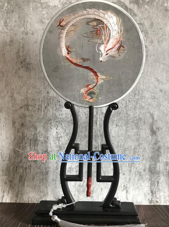 China Traditional Hanfu Grey Silk Fan Suzhou Embroidered Dragon Fan Handmade Double Side Palace Fan Classical Circular Fans