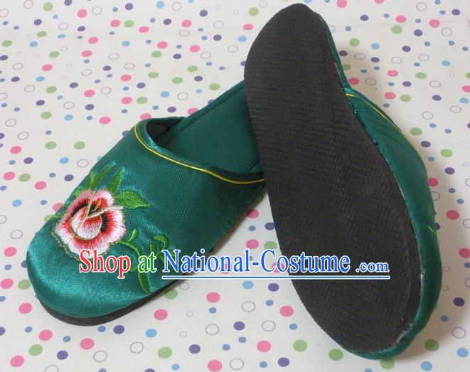 Chinese Wedding Shoes Handmade Green Satin Shoes Embroidery Peony Slippers