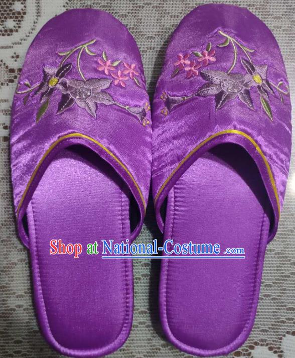 Chinese Embroidery Petunia Slippers Wedding Shoes Handmade Purplen Satin Shoes