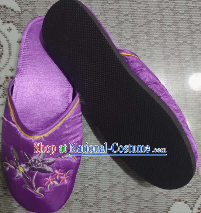 Chinese Embroidery Petunia Slippers Wedding Shoes Handmade Purplen Satin Shoes