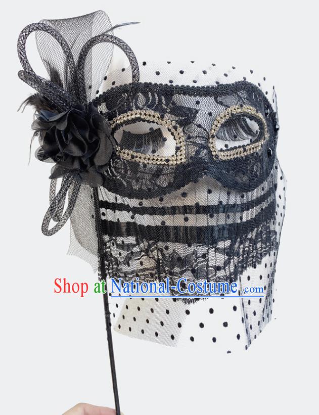 Halloween Stage Performance Deluxe Headpiece Cosplay Party Handheld Mask Handmade Black Lace Face Mask