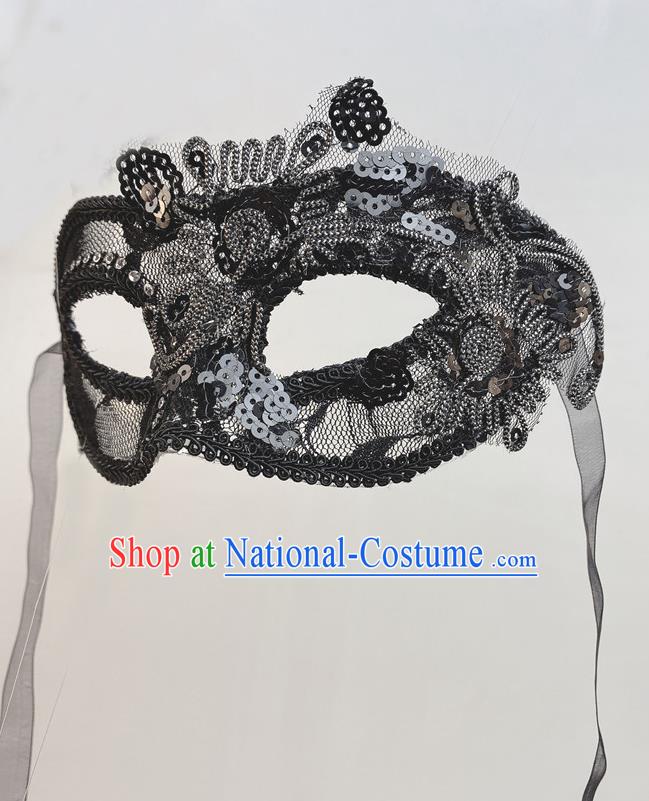 Halloween Stage Performance Deluxe Headpiece Cosplay Party Lace Mask Handmade Black Sequins Face Mask