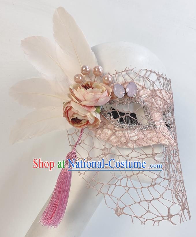 Handmade Pink Peony Face Mask Halloween Stage Performance Deluxe Headpiece Cosplay Party Feather Mask