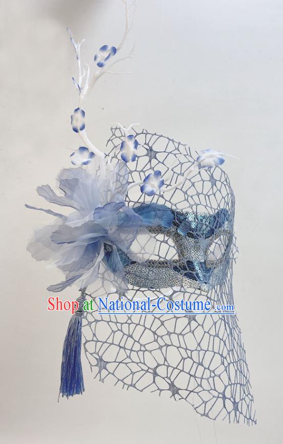 Handmade Cosplay Party Branch Mask Blue Silk Flower Face Mask Halloween Stage Performance Deluxe Headpiece