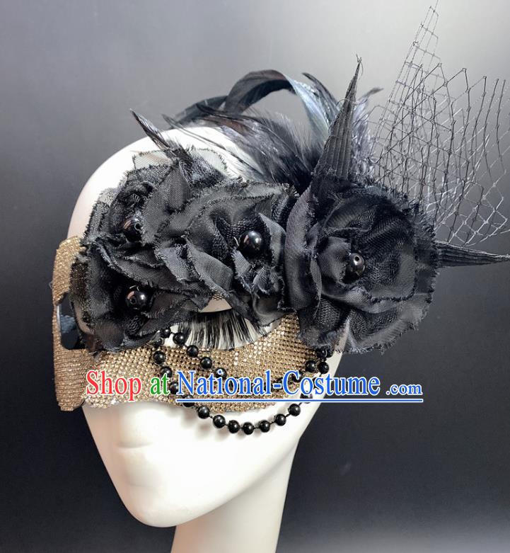 Handmade Stage Performance Blinder Headpiece Halloween Cosplay Party Black Silk Flowers Mask Deluxe Beads Face Mask