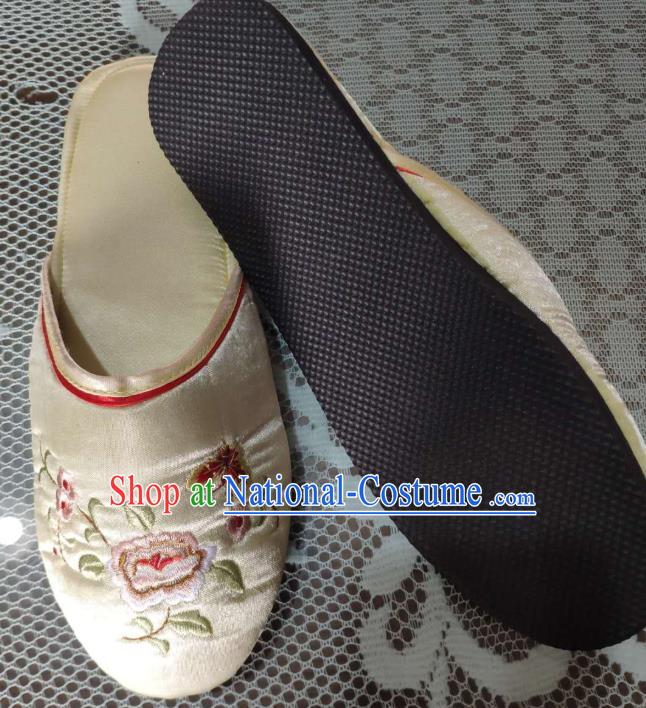 Chinese Embroidery Butterfly Peony Slippers Wedding Bride Shoes Handmade Beige Satin Shoes