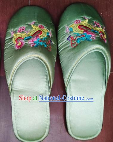 Chinese Handmade Light Green Satin Shoes Embroidery Dragon Slippers Wedding Bride Shoes