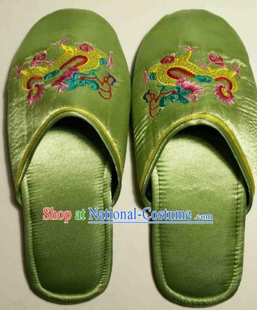 Chinese Handmade Light Green Satin Shoes Embroidery Dragon Slippers Wedding Bride Shoes