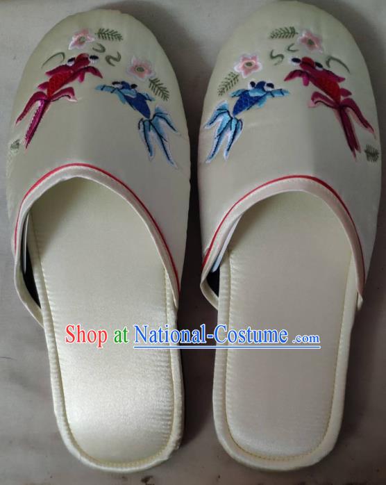 Chinese Wedding Bride Shoes Handmade White Satin Shoes Embroidery Goldfish Slippers