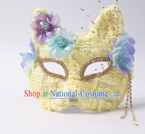 Halloween Stage Performance Headpiece Cosplay Party Yellow Lace Mask Handmade Deluxe Fox Face Mask