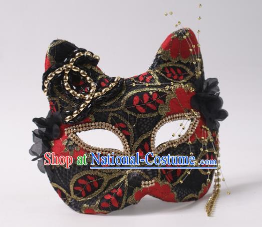 Handmade Deluxe Fox Face Mask Halloween Stage Performance Headpiece Cosplay Party Black Lace Mask