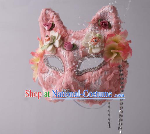 Cosplay Party Pink Lace Mask Handmade Deluxe Fox Face Mask Halloween Stage Performance Headpiece