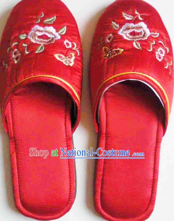 Chinese Wedding Bride Shoes Footwear Handmade Red Satin Shoes Embroidery Flower Butterfly Slippers