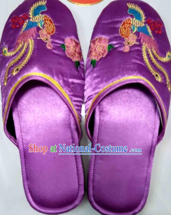 Chinese Bride Shoes Handmade Purple Satin Shoes Embroidery Phoenix Peony Slippers Wedding Footwear