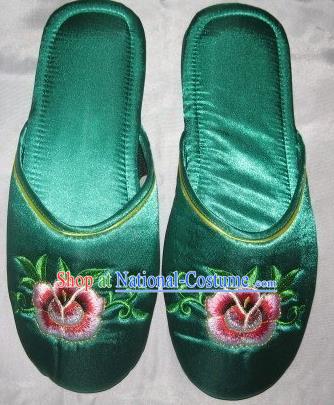 Chinese Embroidery Peony Slippers Wedding Footwear Bride Shoes Handmade Green Satin Shoes