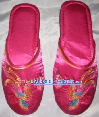 Chinese Embroidered Phoenix Peony Slippers Wedding Embroidery Footwear Bride Shoes Handmade Rosy Satin Shoes