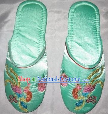 Chinese Handmade Light Green Satin Shoes Embroidered Phoenix Peony Slippers Wedding Embroidery Footwear Bride Shoes