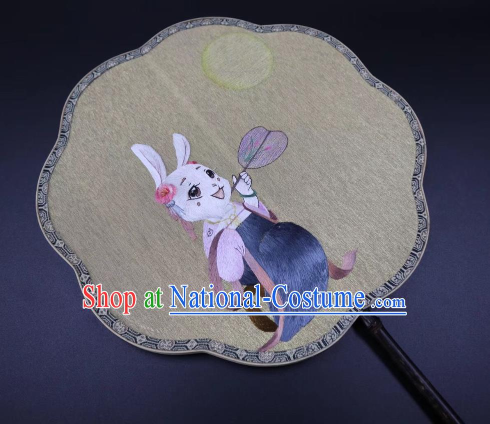 China Suzhou Embroidered Rabbit Palace Fan Handmade Double Side Fan Classical Kesi Fans Traditional Hanfu Beige Silk Fan