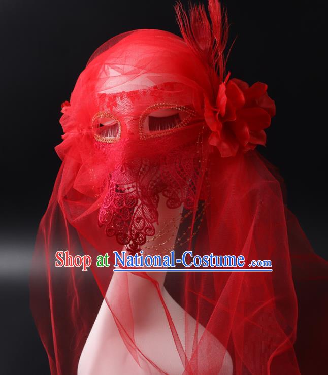 Deluxe Halloween Cosplay Red Veil Mask Lace Face Mask Stage Performance Headpiece