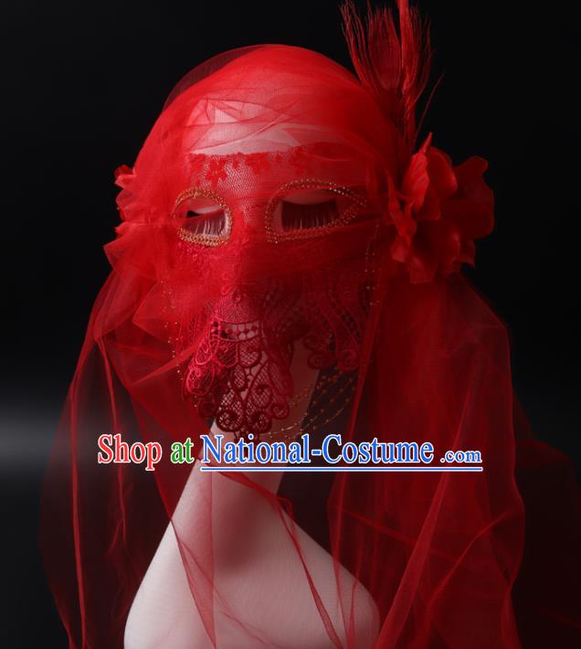 Deluxe Halloween Cosplay Red Veil Mask Lace Face Mask Stage Performance Headpiece