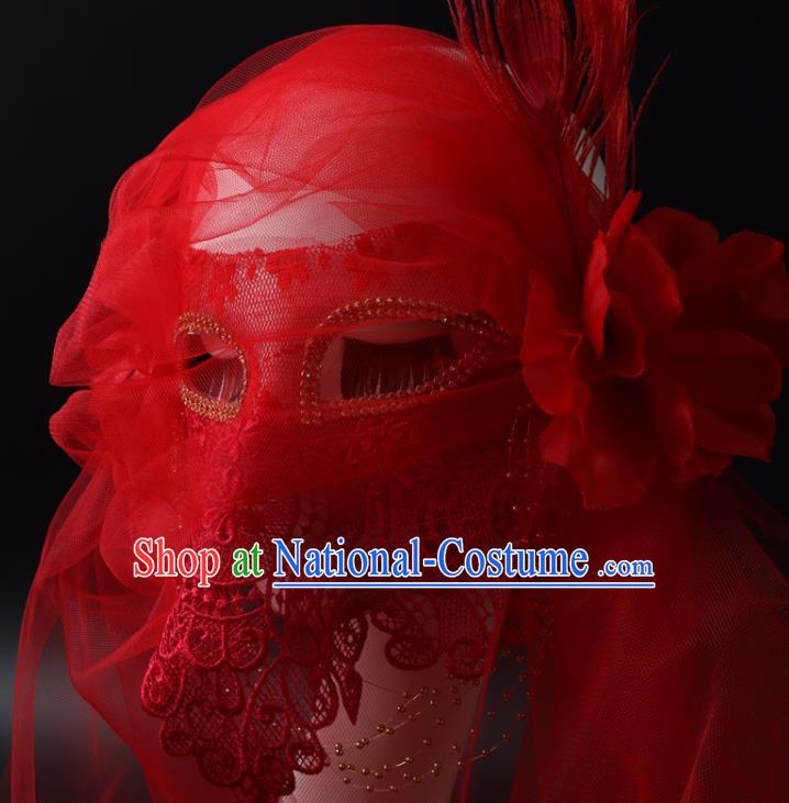 Deluxe Halloween Cosplay Red Veil Mask Lace Face Mask Stage Performance Headpiece