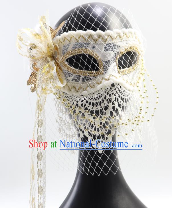 Handmade White Lace Face Mask Stage Performance Headpiece Deluxe Halloween Cosplay Woman Mask